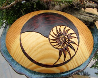 Scots Pine Wood River Rock with Nautilus Shell Pyrography Woodburning