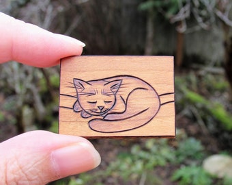 Sleepy Cat Curled Up on Tiny Cherry Wood Tile Pyrography Woodburning