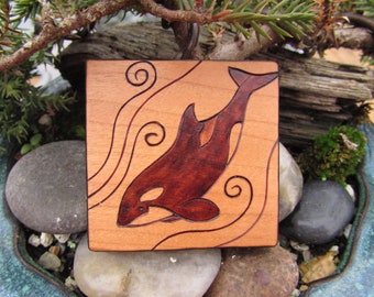 Orca Diving on Cherry Wood Tile Pyrography Woodburning