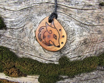 Fox with Dots Juniper Wood Pendant Cotton Cord with Adjustable Lobster Claw Clasp