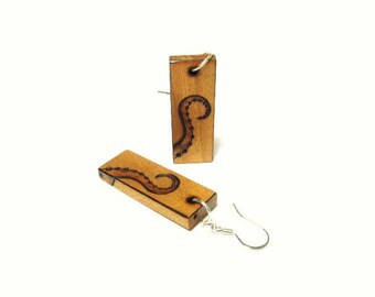 Octopus Tentacles Cherry Wood Earrings Pyrography 1.5"x 0.5" (2.25" total length)