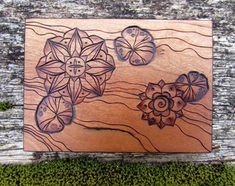 Water Lily Lotus Blossom Garden on ATC sized Cherry Wood Tile Pyrography Wood Burning