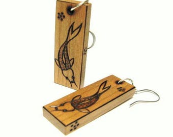 Koi Fish Cherry Wood Earrings Pyrography 1.5"x 0.5" (2.25" total length)