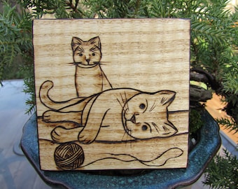 Two Kitty Cats and a Ball of Yarn on Curly White Ash Pyrography Woodburning