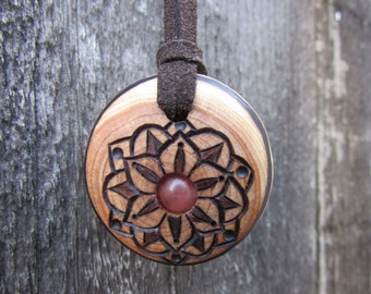 Lotus Flower Mandala on Round Juniper Wood Pendant Pyrography Brown Suede Necklace Lobsterclaw Clasp