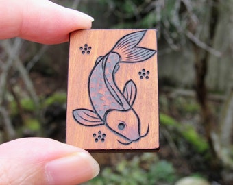 Koi Fish on Tiny Cherry Wood Tile Pyrography Woodburning