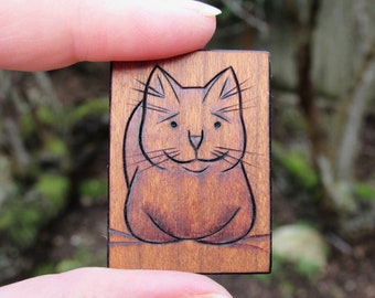 Kitty Cat Front View on Tiny Cherry Wood Tile Pyrography Woodburning