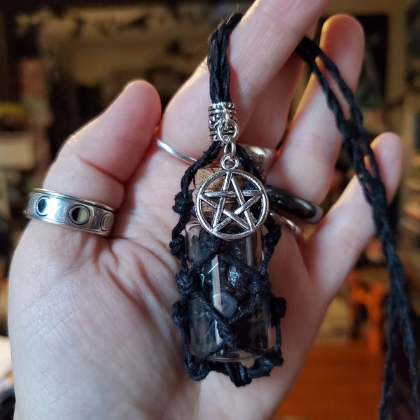 Dark Witch Interchangeable Vial Necklace with Pentacle charm and Black Crystals - Choice of color hemp