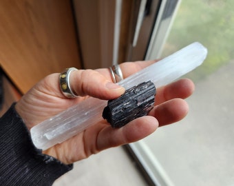 Ultimate Protection Crystal Set with Selenite Stick and Black Tourmaline Chunk