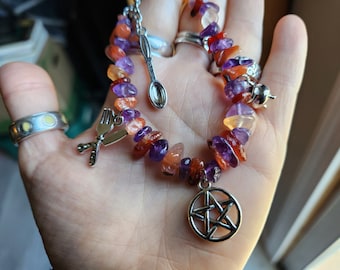 Kitchen Witch Bracelet made with Amethyst, Carnelian, Choice of Silver Tone Charms