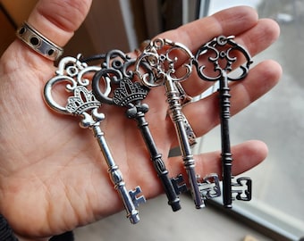 Choose Your Key - XL Hekate Gothic Victorian Silver Or Black Gun Metal Key, choice of key alone or  on Ball Chain or Cotton Cord Necklace