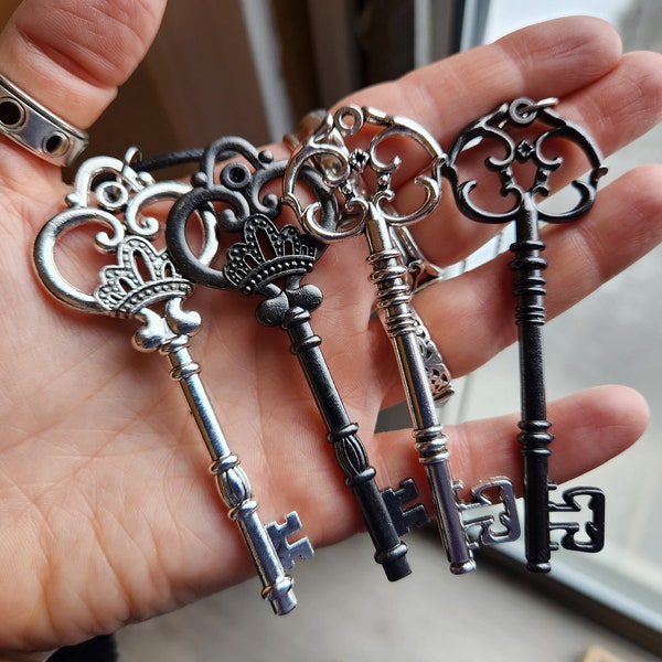 Choose Your Key - XL Hekate Gothic Victorian Silver Or Black Gun Metal Key, choice of key alone or  on Ball Chain or Cotton Cord Necklace