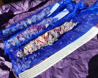 Blue Dream Cleansing Wand made with Russian Blue Sage, Green Sage and Roses