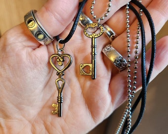 Choose Your Key - Black /Gunmetal Heart Key on Ball Chain or Cotton Cord Necklace