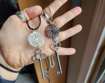 Choose Your Key - Hekate's Wheel Plus Gothic Victorian Silver Or Black Gun Metal Key on Ball Chain or Cotton Cord Necklace