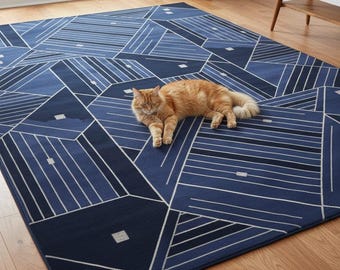 Handmade Navy Blue Geometric Wool Rug, Modern Abstract Design