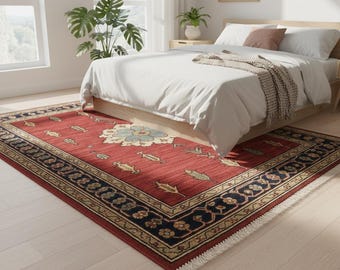 May include: A rectangular red rug with a central floral design in light blue and cream. The rug features a dark blue border with floral and geometric patterns, and a cream-colored fringe. The rug is placed in a bedroom setting.