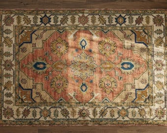 May include: A rectangular area rug featuring a central medallion design in shades of coral, cream, navy blue, and mustard yellow. The rug has a wide decorative border with floral motifs and short fringe along the two shorter edges.