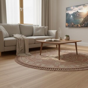 May include: A living room scene featuring a light gray sofa, a wooden coffee table, and a round rug with a floral pattern. A blanket is draped over the sofa. A TV displaying a mountain landscape hangs on the wall. The room has hardwood floors.