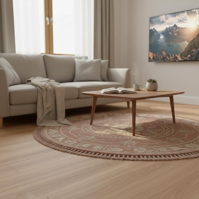 May include: A living room scene featuring a light gray sofa, a wooden coffee table, and a round rug with a floral pattern. A blanket is draped over the sofa. A TV displaying a mountain landscape hangs on the wall. The room has hardwood floors.