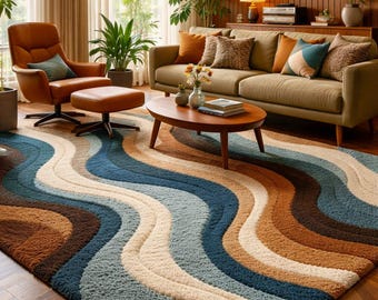 May include: A living room featuring a large, wavy-patterned rug in shades of blue, brown, and cream. The room includes a brown sofa, a leather armchair with an ottoman, and a wooden coffee table. The decor has a retro style.