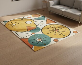Handmade Mid-Century Modern Wool Rug, Geometric Starburst Design
