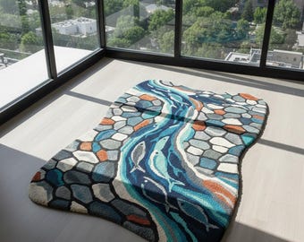 May include: A rectangular tufted rug featuring a stylized river scene with blue, teal, and white fish swimming through a central current, surrounded by a mosaic pattern of gray, white, and orange stones with dark outlines and a textured surface.