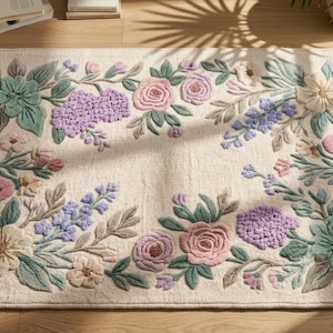 May include: Cream-coloured rectangular rug with a floral pattern. The rug has a border of embroidered flowers in pink, purple, green, and cream. It is placed on a wooden floor, with sunlight casting shadows.