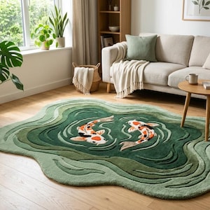 May include: A green, wave-shaped rug with a koi carp design. The rug features shades of green and depicts two koi carp with orange, black, and white markings. The rug is placed on a wooden floor in a living room setting.