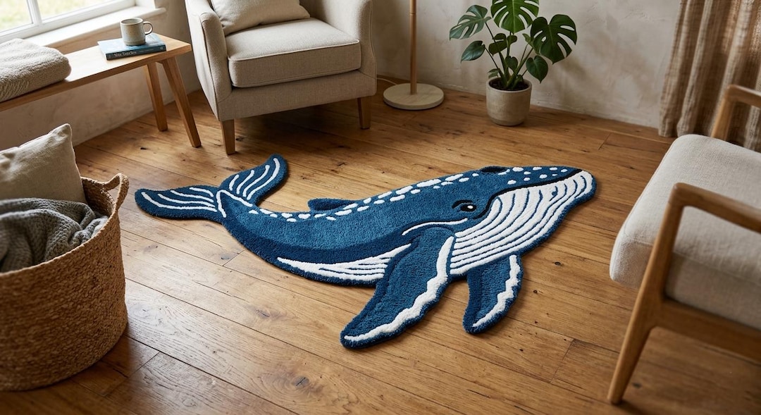 Handmade Blue Whale Shaped Tufted Rug, Ocean Animal Carpet, Kids Room ...