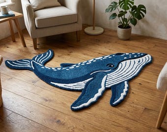 May include: A blue whale-shaped rug with white accents, lying on a wooden floor. The rug features a detailed design of a whale, including its fins, tail, and belly. The rug is a decorative item for a living room or bedroom.