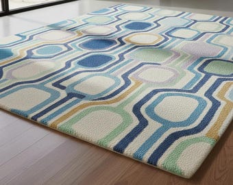 Handmade Mid Century Modern Wool Rug, Blue Green Geometric Carpet (6x8 Feet)