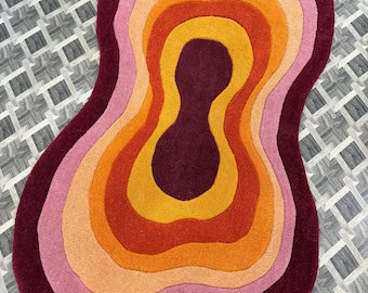 Abstract Wavy Tufted Rug, Burgundy Pink Orange Yellow Wool Carpet, Irregular Retro Area Rug, Modern Statement Floor Decor