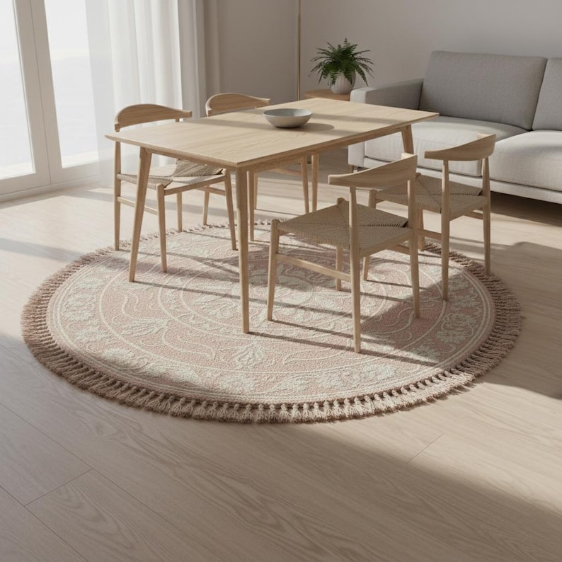 May include: A dining room scene featuring a light wood table and chairs, set on a round rug with a pink and cream floral pattern and fringe. A gray sofa and a plant in a pot are in the background.