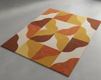 Retro geometrisch gegolfd vloerkleed, mosterdoranjebruin modern tapijt.