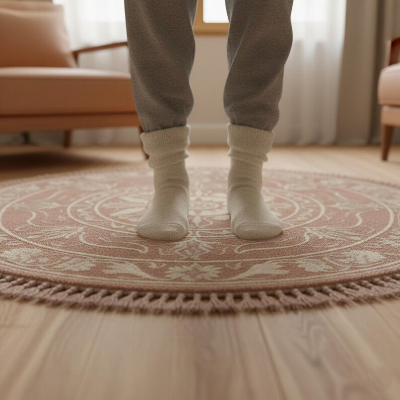 May include: A round, blush-colored rug with a detailed floral and geometric pattern. The rug has a fringe border and is placed on a wooden floor. The rug is approximately 4 feet in diameter.