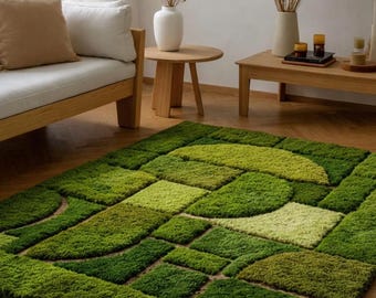 May include: A green area rug with a geometric pattern of squares and curved shapes. The rug features varying shades of green, creating a textured, three-dimensional effect. The rug is placed on a wooden floor, and the room has a neutral color palette.