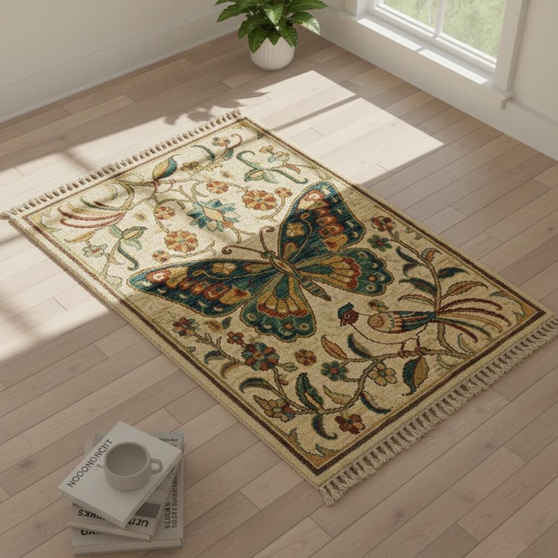 Handmade Wool Butterfly Rug, Vintage Floral Folk Art Carpet - Etsy