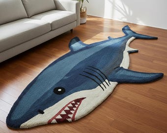 May include: A blue shark-shaped rug with a white belly and a red-toothed mouth. The rug is made of a soft, textured material and is placed on a wooden floor. The rug has a dark blue top and a lighter blue on the sides.