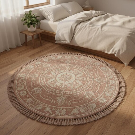 Blush Pink Floral Medallion Round Rug, Boho Tufted Wool Carpet with Fringe