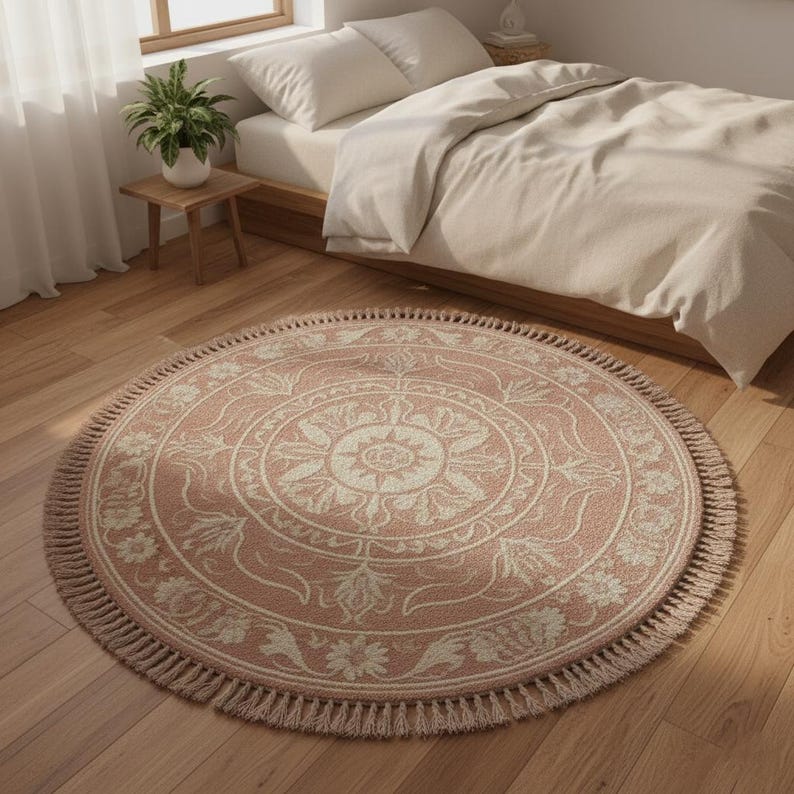 May include: A round, blush-colored rug with a cream-colored floral and geometric pattern. The rug has a fringe border and is placed on a hardwood floor. The rug is approximately 60 inches in diameter, suitable for a bedroom or living room.