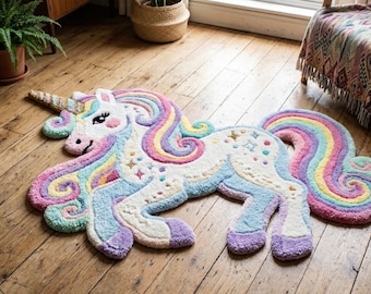 Handmade Rainbow Unicorn Tufted Rug, Pastel Kids Room Decor, Wool Cotton Carpet