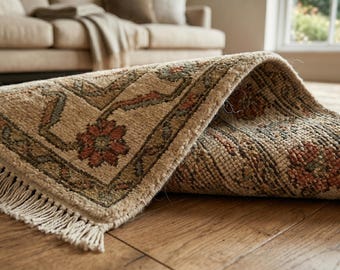 May include: A beige area rug with a folded corner revealing a floral pattern in shades of rust orange and sage green. The rug features a decorative border and a fringe edge made of light-colored fibers, showcasing a textured, woven construction.
