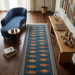 Könnte beinhalten: Blauer, rechteckiger Teppich mit einem sich wiederholenden Muster aus gelben Fischen. Der Teppich hat einen cremefarbenen Rand mit geometrischem Design und Fransen. Er liegt auf einem dunklen Holzboden.