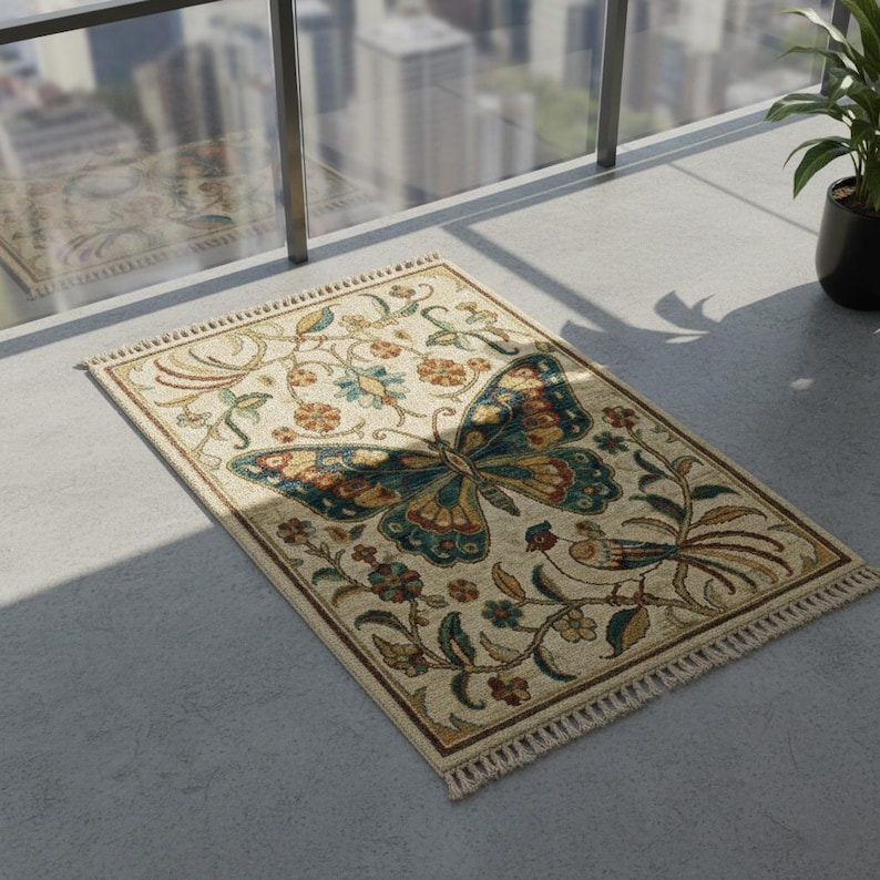 Handmade Wool Butterfly Rug, Vintage Floral Folk Art Carpet - Etsy