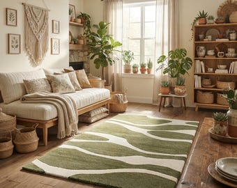 May include: A rectangular area rug featuring a wavy, organic pattern in deep olive green and cream. The rug is positioned on a wooden floor in a room with a beige sofa, a wooden bookshelf, various potted plants, and woven baskets.