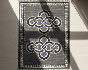 May include: A rectangular gray rug with a repeating geometric pattern in navy blue, white, and gold. The rug has a border with a repeating design and tassels on the short ends. The rug is on a light wood floor.