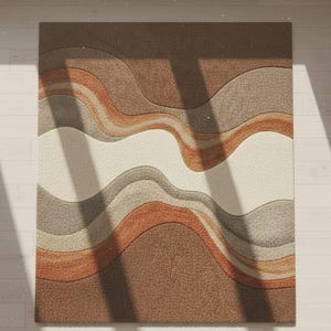 May include: A square rug with a wavy pattern in shades of brown, beige, and orange. The rug's design features layered, undulating stripes, creating a textured, organic look. The rug is placed on a light-coloured wooden floor.