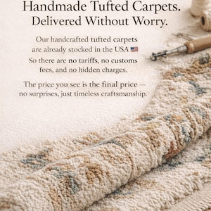 May include: A rolled-up, handmade tufted carpet with a cream-colored base and a pattern of brown, blue, and beige. The image includes text that reads "Handmade Tufted Carpets. Delivered Without Worry."