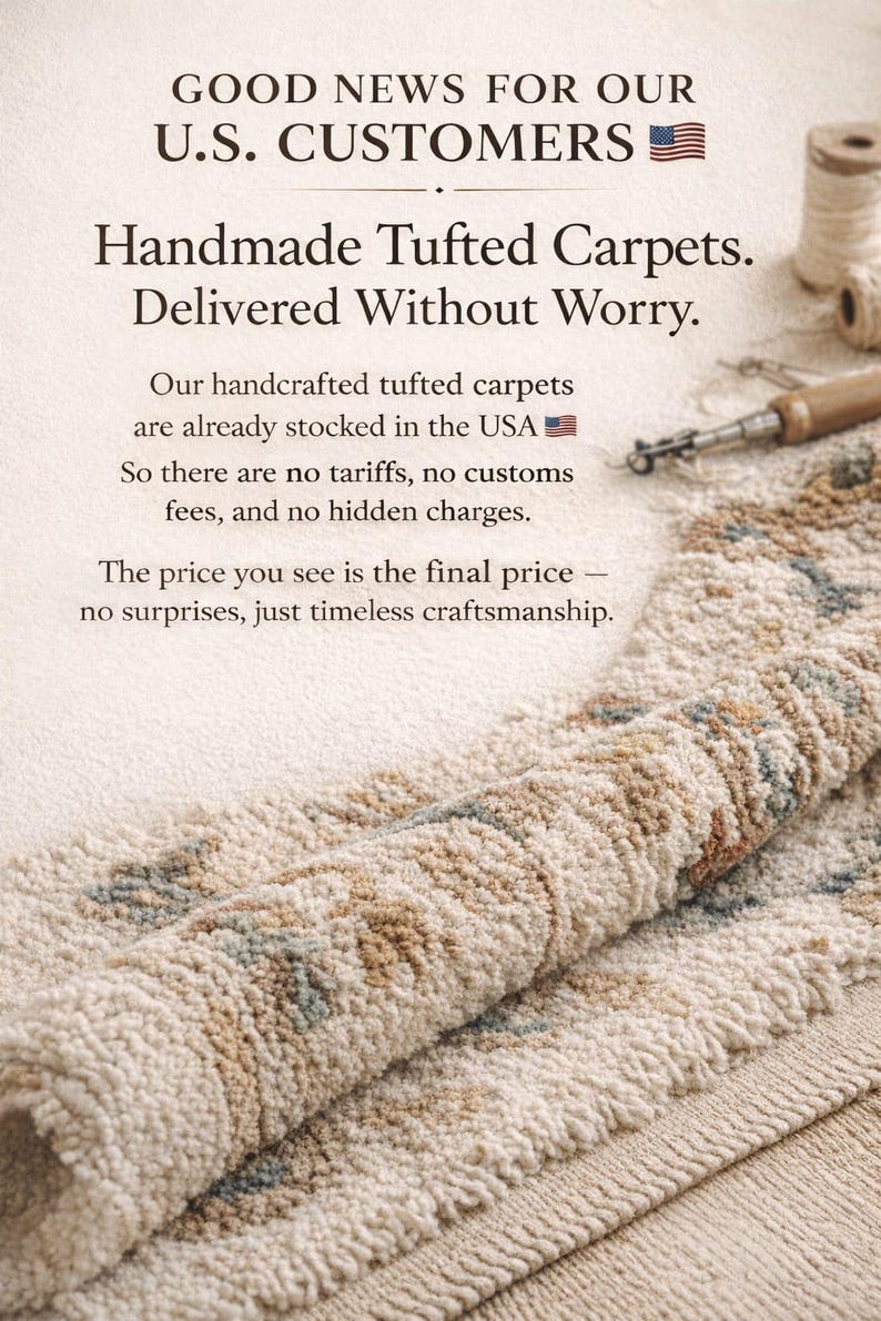 May include: A rolled-up, handmade tufted carpet with a cream-colored base and a pattern of brown, blue, and beige. The image includes text that reads "Handmade Tufted Carpets. Delivered Without Worry."
